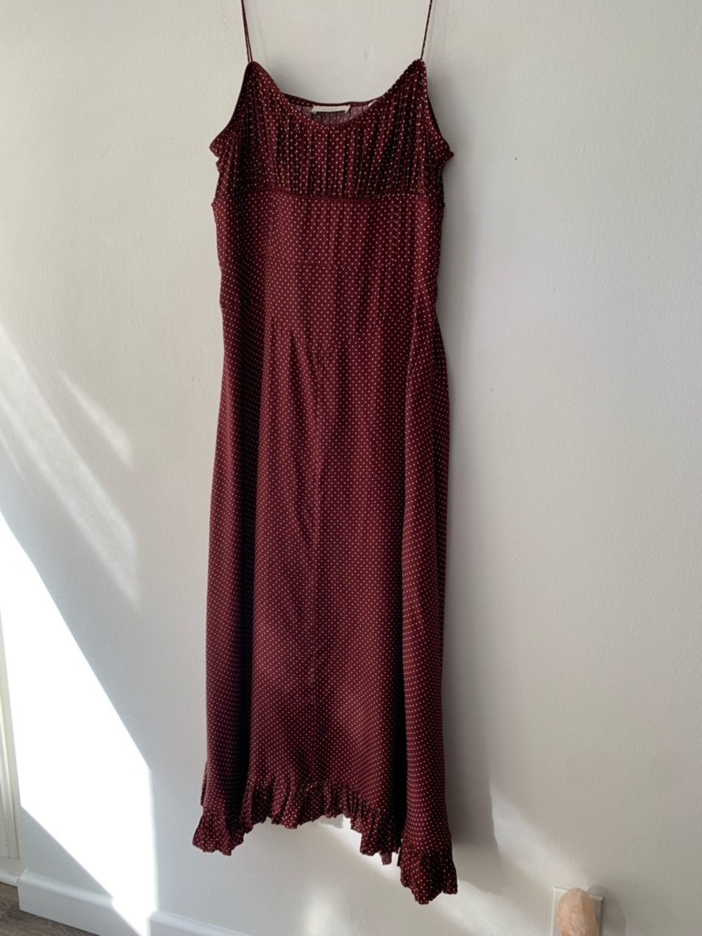 Doen Rosaria Silk Ruffle Ruched Midi Maxi Dress Burgundy Colette Dot Polka - Picture 4 of 10